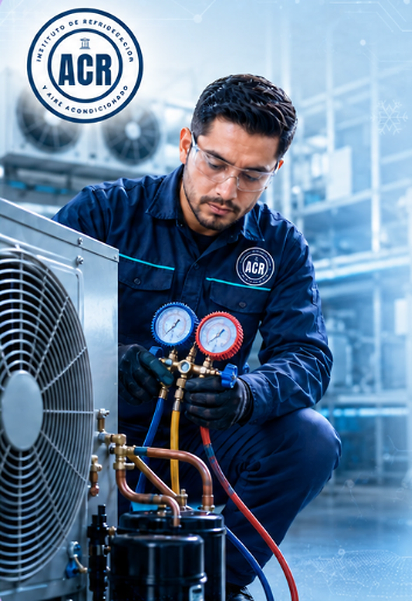 Técnico de refrigeración trabajando con equipo HVAC